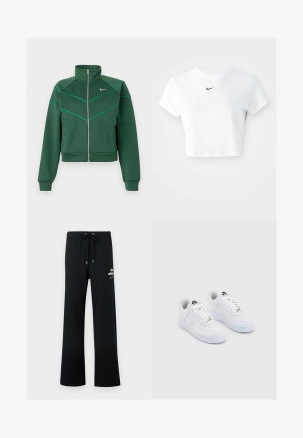 Veste zippée Nike vert foncé avec col montant, manches longues, poches latérales et détails de piping teal clair sur la poitrine et les épaules.; T-shirt blanc court en coton, avec des manches courtes et un col rond, orné d'un logo Nike noir sur la poitrine.; Pantalon de survêtement noir en tissu doux avec une coupe ample, doté d'une taille élastique, d'un cordon de serrage et de détails de logo blancs.; Baskets Nike Air Force 1 blanches avec une tige en cuir lisse, un embout perforé, des lacets blancs et un logo noir sur la languette.