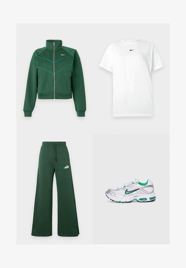 Mørkegrøn Nike zip-up jakke med høj krave, lange ærmer, sidelommer og lys teal pipingdetalje på brystet og skuldrene.; Hvid kortærmet T-shirt med rund hals, prydet med et lille sort Nike swoosh-logo centreret under halsudskæringen.; Mørkegrønne brede sweatpants med elastisk talje, snøre, sidelommer og en teal broderet Nike-logo på venstre lår.; Nike løbesko i hvid, sølv og grøn. Har mesh- og syntetiske materialer, polstret krave og en polstret sål med synlige luftenheder.