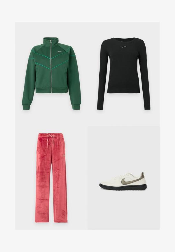 Mørkegrøn Nike zip-up jakke med høj krave, lange ærmer, sidelommer og lys teal pipingdetalje på brystet og skuldrene.; Sort, langærmet tætsiddende top lavet af ribbet stof, med rund halsudskæring og et diskret hvidt Nike-logo på brystet.; Røde velourbukser med vide ben og snøre i taljen samt lille Nike Swoosh-logo på venstre lår, vist mod en ensfarvet baggrund.; Nike Sportswear FIELD GENERAL - Sneakers - off-white/black