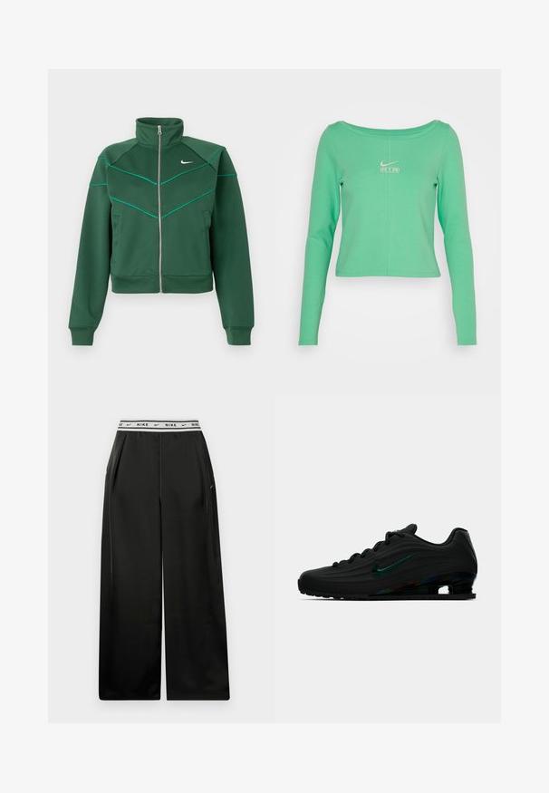 Mørkegrøn Nike zip-up jakke med høj krave, lange ærmer, sidelommer og lys teal pipingdetalje på brystet og skuldrene.; Langærmet, cropped mintgrøn skjorte lavet af glat bomuld, med rund halsudskæring og et hvidt Nike Air-logo på brystet.; Sorte bukser med brede ben lavet af glat stof, med en hvid elastisk linning med "NIKE"-logo. Plisseringer tilføjer dybde og tekstur.; Sort Nike løbesko med mørkegrøn refleksvinkel og struktureret sål, vist i sideprofil på en enkel hvid baggrund.