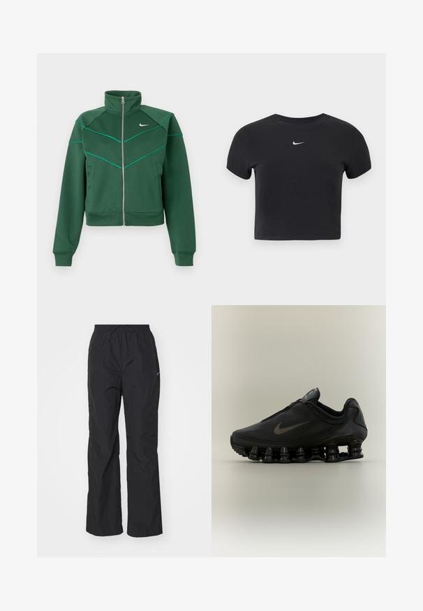 Tummanvihreä Nike vetoketjullinen takki, jossa on korkea kaulus, pitkät hihat, sivutaskut ja vaaleansinistä tehosteväritystä rinnassa ja olkapäillä.; Musta lyhyt puuvillainen t-paita, jossa pyöreä pääntie ja lyhyet hihat. Rinnan kohdalla näkyy valkoinen Nike-logo.; Mustat, kevyet housut, joissa on joustava vyötärö ja nyöri. Niissä on teksturoitu pinta ja pieni heijastava logo sivussa.; Musta Nike-tennari, jossa on vetoketjulla varustettu päällinen ja erottuva joustinmäinen segmentoitunut pohja, esitetty sivuprofiilissa neutraalilla taustalla.