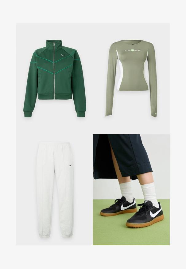 Mørkegrøn Nike zip-up jakke med høj krave, lange ærmer, sidelommer og lys teal pipingdetalje på brystet og skuldrene.; Olivengrøn Nike Shox langærmet top med hvide sidepaneler og neon grønne accenter, tætsiddende pasform og lille swoosh-logo på ærmekanten.; Lysegrå Nike joggingbukser med elastisk taljebånd, tilspidsede manchetter og et lille sort logo på venstre lår. Blødt, tekstureret stof.; Sorte læder- og syntetiske sneakers med hvid Nike swoosh, gummisål, rund tå og sorte snørebånd. Ribbede hvide sokker synlige.