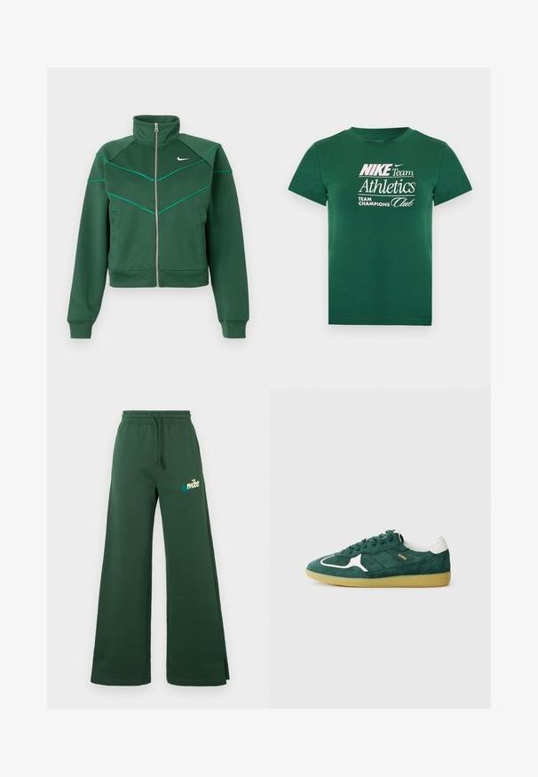 Chaqueta Nike de color verde oscuro con cremallera, cuello alto, mangas largas, bolsillos laterales y detalle de ribete en color azul claro en el pecho y los hombros.; Camiseta verde de manga corta con texto blanco "Nike Team Athletics Team Champions Club" y pequeño logo Nike swoosh en el pecho.; Pantalones de chándal de pierna ancha en verde oscuro con cintura elástica, cordón, bolsillos laterales y logotipo de Nike bordado en teal en el muslo izquierdo.; Zapatillas verdes de ante con acentos blancos, detalles perforados y suela de goma texturizada. Presenta cordones redondos y talón acolchado.