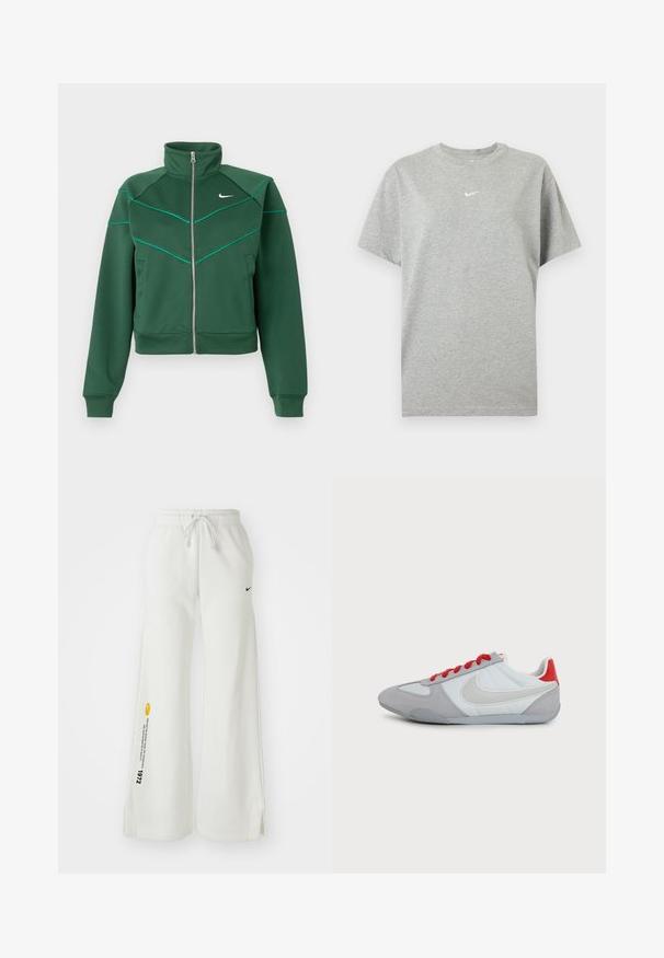 Donkergroene Nike zip-up jacket met hoge kraag, lange mouwen, zijzakken en lichtblauwe pipingdetails op de borst en schouders.; Grijs katoenen T-shirt met korte mouwen, ronde hals en klein wit Nike swoosh-logo in het midden van de borst.; Witte, wijde sweatpants met een elastische tailleband, trekkoord, zijslitsen, zwart Nike-logo en contrasterende gele grafische tekst.; Low-profile grijze en witte Nike-sneaker met grote witte Swoosh, rode hieltab en rode veters op een effen achtergrond.