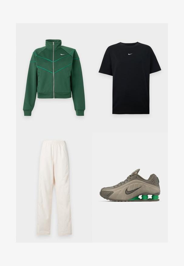 Tmavozelená Nike bunda na zips s vysokým golierom, dlhými rukávmi, bočnými vreckami a svetlo tyrkysovými detalmi na hrudi a ramenách.; Čierne bavlnené tričko s okrúhlym výstrihom a krátkymi rukávmi. Na hrudi je uprostred malá biela logo Nike. Hladká textúra.; Voľné nohavice krémovej farby s elastickým pásom a rovnými nohavicami, zobrazené na bielom pozadí.; Nike tenisky v olivovo zelenej farbe s hladkým povrchom, perforovanými detailmi, čiernymi akcentmi a zeleným polstrovaním na päte. Ľahký, aerodynamický dizajn.