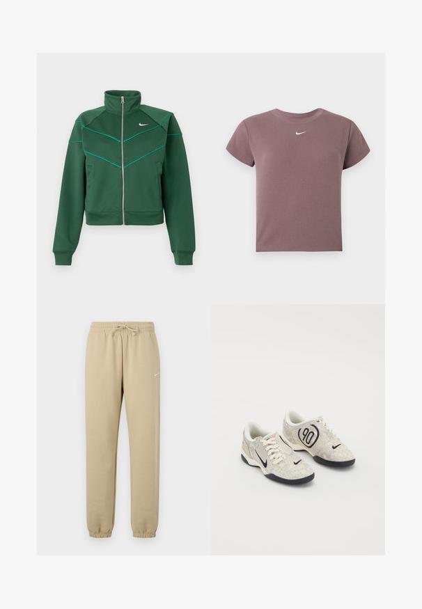 Mørkegrøn Nike zip-up jakke med høj krave, lange ærmer, sidelommer og lys teal pipingdetalje på brystet og skuldrene.; Mauve ribbet kortærmet crop top med rund hals og lille hvid Nike-logo centreret under halsudskæringen.; Beige bomuldssweatpants med elastisk talje og snor, der har ribstrikkede manchetter og en lille hvid logo på venstre side.; Nike sneakers med en beige og grå tekstureret overdel, sorte accenter, et stort "90" logo og en hvid snørebåndslukning. Sort sål.
