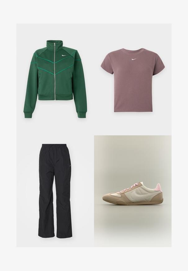 Mørkegrøn Nike zip-up jakke med høj krave, lange ærmer, sidelommer og lys teal pipingdetalje på brystet og skuldrene.; Mauve ribbet kortærmet crop top med rund hals og lille hvid Nike-logo centreret under halsudskæringen.; Sorte, letvægtsbukser med elastisk talje og snøre. Har en tekstureret overflade og et lille reflekterende logo på siden.; Lavprofileret beige og hvid sneaker med lyserøde snørebånd og hælaccent, som viser Nike-swoosh på siden mod en ensfarvet baggrund.