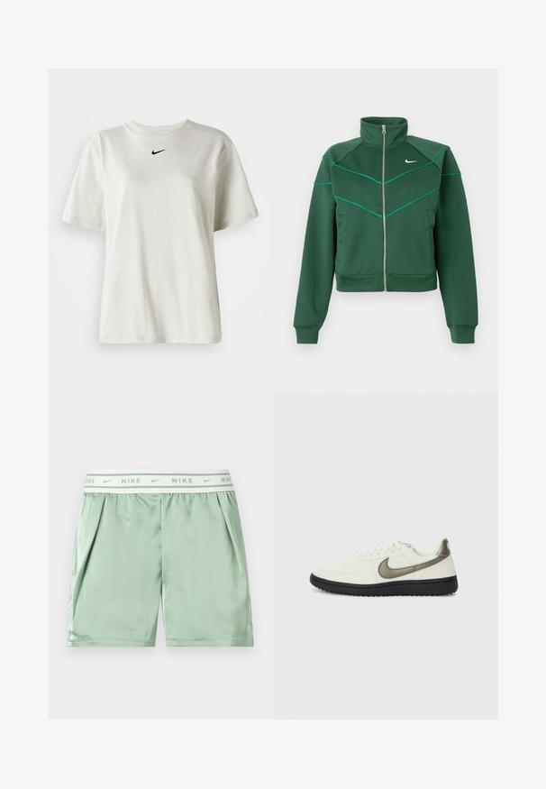 Chaqueta Nike de color verde oscuro con cremallera, cuello alto, mangas largas, bolsillos laterales y detalle de ribete en color azul claro en el pecho y los hombros.; Camiseta de algodón blanca con cuello redondo y mangas cortas. Presenta un pequeño logotipo negro de Nike en el pecho. Diseño sencillo y sin adornos.; Pantalones cortos deportivos Nike de color verde claro con cinturilla elástica blanca con logotipos repetidos de Nike y bolsillos laterales.; Nike Sportswear FIELD GENERAL - Zapatillas - off-white/black