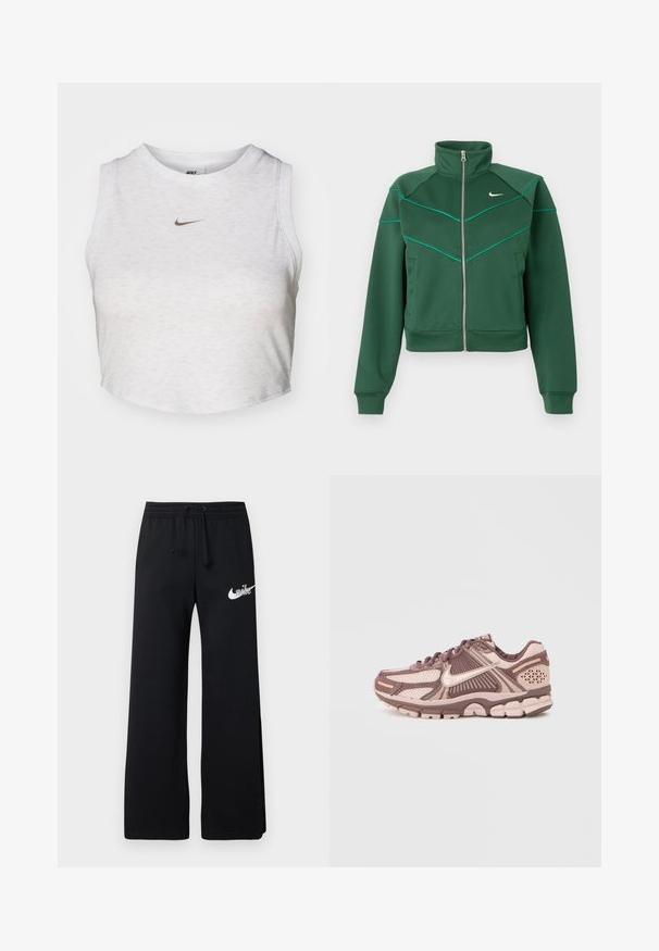 Dunkelgrüne Nike Zip-Jacke mit hohem Kragen, langen Ärmeln, seitlichen Taschen und hellblauen Paspeldetails auf der Brust und den Schultern.; Weißes Crop-Top aus weichem, strukturiertem Stoff. Verfügt über einen runden Ausschnitt und einen ärmellosen Schnitt mit einem kleinen goldenen Nike-Logo auf der Vorderseite.; Schwarze Jogginghose aus weichem Material, mit elastischem Bund und Kordelzug sowie einem weißen Nike-Logo auf der linken Seite.; Leichte Laufschuhe mit einem Obermaterial aus Mesh in Rosa- und Brauntönen, mit strukturierten Akzenten und einem gepolsterten Sohlen-Design.