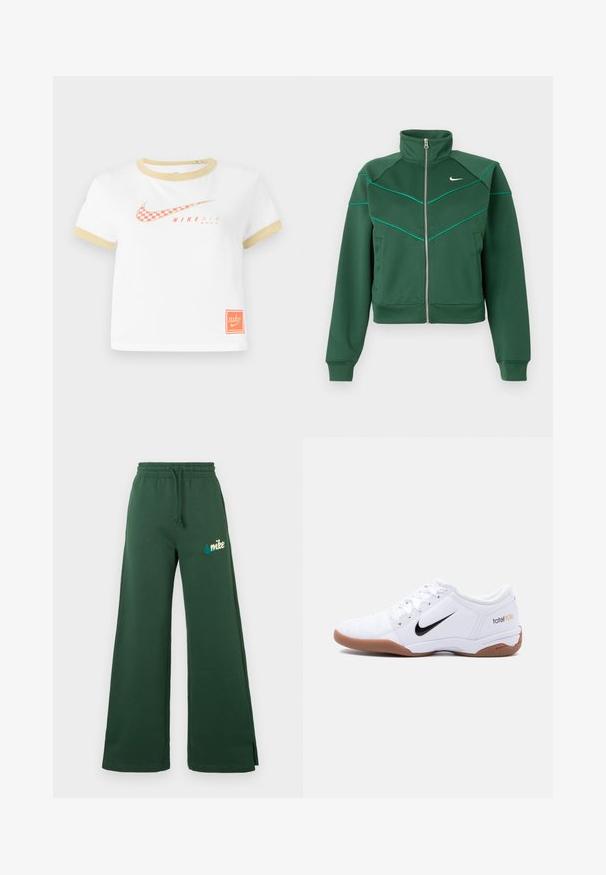 Donkergroene Nike zip-up jacket met hoge kraag, lange mouwen, zijzakken en lichtblauwe pipingdetails op de borst en schouders.; Witte T-shirt met gouden rand, met een rood geruit Nike swoosh-logo, de tekst "NIKE AIR" en een klein oranje Nike-label aan de zoom.; Donkergroene wijde sweatpants van zachte stof met een elastische tailleband, trekkoord, zijzakken en een teal geborduurd Nike-logo op de linker bovenbeen.; Witte Nike Total 90 III zaalvoetbalschoen met zwart swoosh-logo en gumzool, zijaanzicht op een effen achtergrond.