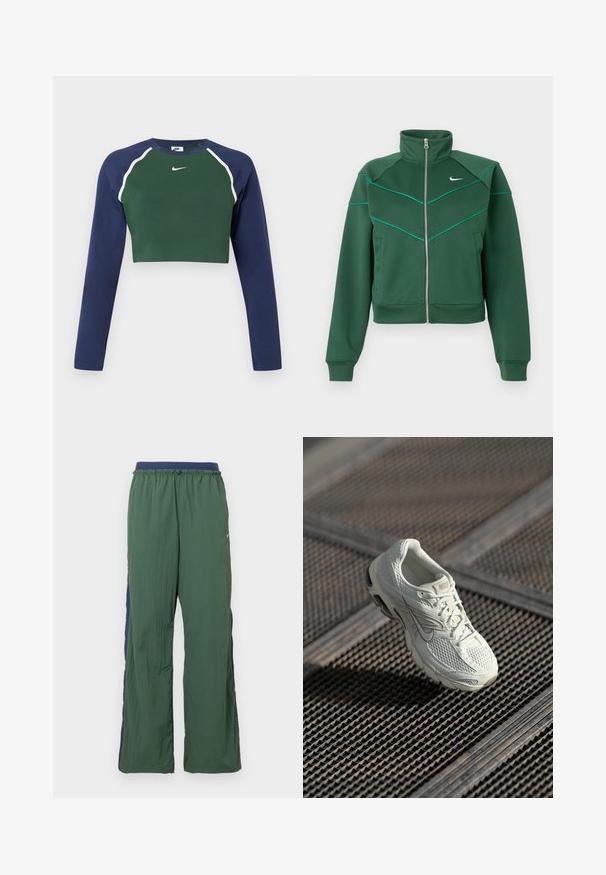 Σκούρο πράσινο φούτερ Nike με φερμουάρ, ψηλό γιακά, μακριά μανίκια, πλαϊνές τσέπες και ανοιχτό τιρκουάζ λεπτομέρειες στην περιοχή του στήθους και στους ώμους.; Μακρυμάνικο cropped φούτερ με σκούρο πράσινο μπροστινό μέρος, ναυτικό μπλε μανίκια, λευκή ρίγα και λευκό λογότυπο Nike στο στήθος.; Πράσινο αθλητικό παντελόνι με φαρδιά σχεδίαση ποδιού, διακοσμημένο με μπλε ζώνη μέσης και πλαϊνή επένδυση, κατασκευασμένο από ελαφρύ, υφασμάτινο ύφασμα με υφή.; Άσπρο αθλητικό παπούτσι Nike για τρέξιμο με δικτυωτό και συνθετικό επάνω μέρος, τοποθετημένο σε μεταλλική σχάρα δαπέδου υπό απαλό φυσικό φως.