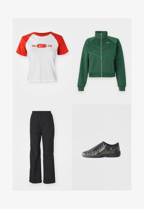 Veste zippée Nike vert foncé avec col montant, manches longues, poches latérales et détails de piping teal clair sur la poitrine et les épaules.; T-shirt Nike avec un corps blanc et des manches raglan rouges. Présente "1972" et un logo en rouge sur la poitrine. Fabriqué en tissu jersey lisse.; Pantalons noirs légers avec une taille élastique et un cordon de serrage. Présentent une finition texturée et un petit logo réfléchissant sur le côté.; Baskets Nike basses noires avec des lacets, des détails cousus et une semelle texturée sur un fond blanc uni.