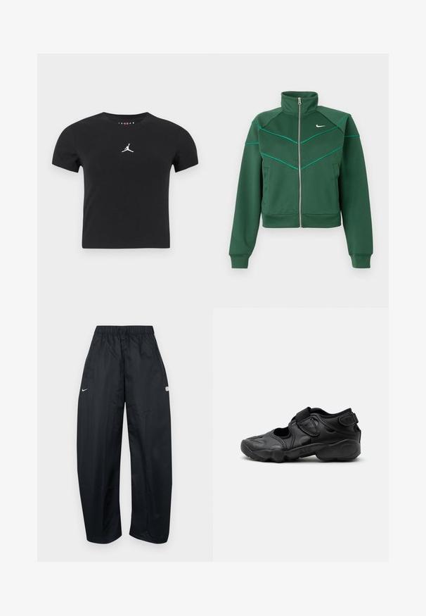 Veste zippée Nike vert foncé avec col montant, manches longues, poches latérales et détails de piping teal clair sur la poitrine et les épaules.; T-shirt cropped à manches courtes noir avec le logo Jumpman blanc centré sur la poitrine, sur un fond uni.; Pantalon de sport ample noir en matière légère. Comprend une taille élastique, un cordon de serrage ajustable et des accents de logo.; Sandale de sport noire avec bout fermé, brides Velcro au médio-pied et au talon, et semelle épaisse et rembourrée marquée "AIR" sur le côté.