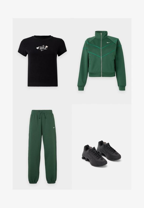 Donkergroene Nike zip-up jacket met hoge kraag, lange mouwen, zijzakken en lichtblauwe pipingdetails op de borst en schouders.; Zwarte katoenen t-shirt met een ronde hals, korte mouwen en een witte "nike"-logo versierd met bloemenaccenten in het midden.; Donkergroene joggingbroek van zachte stof, voorzien van een elastische tailleband met trekkoord en taps toelopende boorden. Klein wit logo aan de voorkant.; Zwarte sportschoenen met een glad synthetisch bovenwerk, getextureerde accenten, vetersluiting en zichtbare veerkrachtige demping bij de hiel.