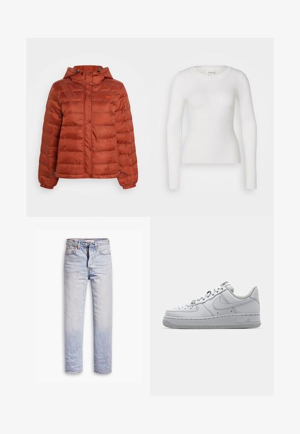 Rustrød pufferjakke med hætte, trykknapper foran og elastiske manchetter, designet til koldt vejr.; Hvid langærmet ribbet top med en rund halsudskæring. Stoffet er glat og har en subtil tekstur samt en tætsiddende design. Ingen synlige detaljer eller mønstre.; Lyseblå denimjeans med lige ben, der har en knaplukning, fem lommer og en diskret falmning langs benene.; Hvid lædersneaker med lavt design, rund tå, perforerede detaljer og en tekstureret gummisål. Har grå accenter på tungen.