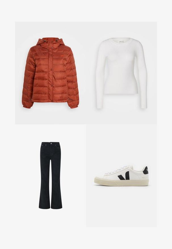 Veste en duvet couleur rouille avec capuche, boutons-pression sur le devant et poignets élastiques, conçue pour les temps froids.; Haut à manches longues blanc en tissu côtelé avec un col rond. Le tissu est lisse, avec une texture subtile et une coupe ajustée. Pas de matériel ou de motifs visibles.; Pantalons en velours côtelé noir évasés avec fermeture à bouton et à glissière, dotés de deux poches avant et d'une texture lisse. Design à jambe droite.; Baskets en cuir blanc avec un logo V en caoutchouc noir. Semelle texturée blanc cassé, lacets blancs et détail sur le talon arrière portant le nom de la marque en noir.