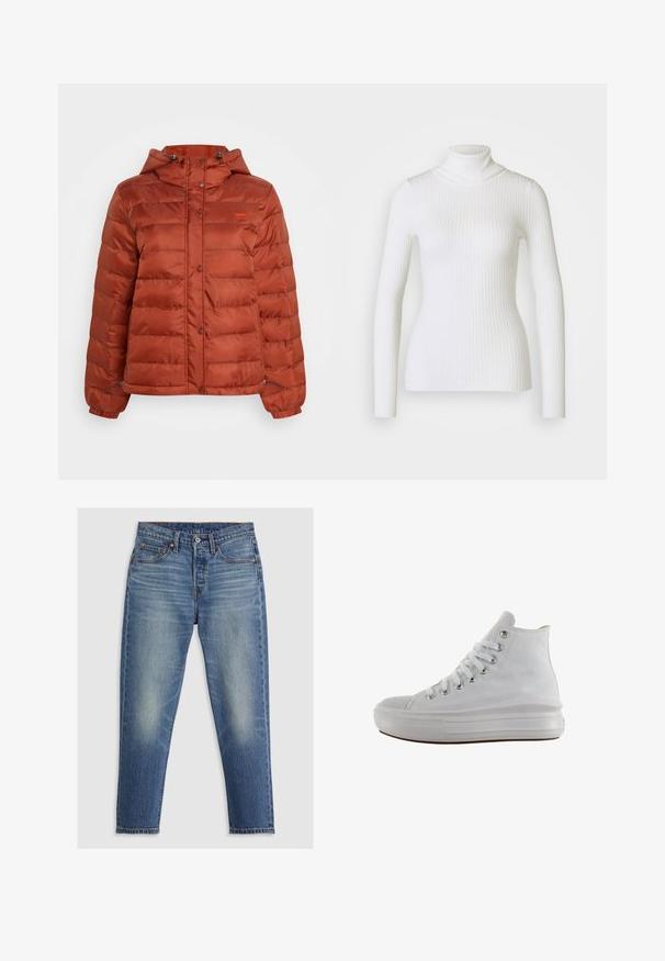 Puffjacke in rostfarben mit Kapuze, Druckknöpfen auf der Vorderseite und elastischen Bündchen, geeignet für kaltes Wetter.; Weißer gerippter Rollkragenpullover mit langen Ärmeln, der ein tailliertes Design und eine weiche Textur aufweist. Flacher Kragen und nahtloser Look.; Hellblaue Denim-Jeans mit geradem Schnitt, fünf Taschen, Knopfverschluss und dezenten Ausbleichungen an den Oberschenkeln. Sichtbare Kontrastnähte.; Weißer High-Top-Canvas-Sneaker mit weißen Schnürsenkeln, metallischen Ösen, dicker Gummisohle und strukturierter Zehenkappe, nach links auf weißem Hintergrund ausgerichtet.