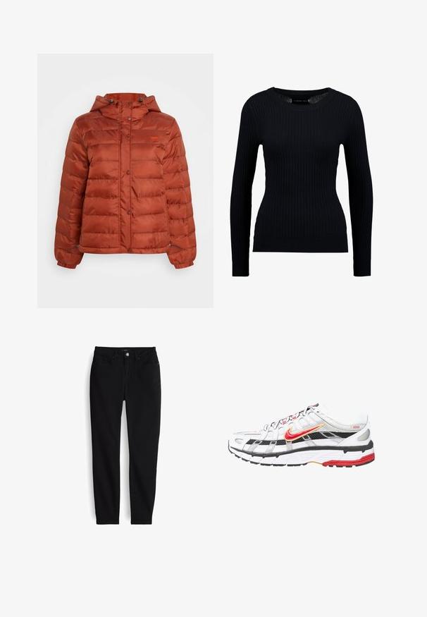 Puffjacke in rostfarben mit Kapuze, Druckknöpfen auf der Vorderseite und elastischen Bündchen, geeignet für kaltes Wetter.; Schwarzer, gerippter Langarmpullover mit rundem Halsausschnitt und taillierter Silhouette. Die Textur ist glatt mit einem dezenten Stretch.; Schwarze Slim-Fit-Jeans mit Knopf- und Reißverschluss vorne, fünf Taschen und Gürtelschlaufen, flach auf weißem Hintergrund ausgebreitet.; Weiße und schwarze Sportschuhe mit roten und goldenen Akzenten. Sie besitzen ein Obermaterial aus Mesh, eine gepolsterte Sohle und ein sicheres Schnürdesign.
