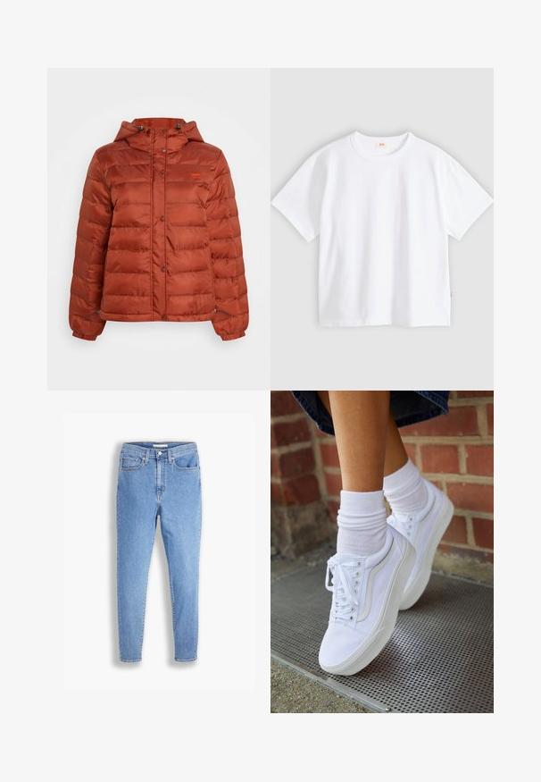 Puffjacke in rostfarben mit Kapuze, Druckknöpfen auf der Vorderseite und elastischen Bündchen, geeignet für kaltes Wetter.; Weißes Baumwoll-T-Shirt mit kurzen Ärmeln, rundem Ausschnitt, lockerer Passform, glatter Textur und einem kleinen Logetikett an der linken Seitennaht.; Hellblaue, hoch-taillierte, schmale Jeans mit vorderen und hinteren Taschen, Knopfverschluss und Gürtelschlaufen auf weißem Hintergrund.; Weiße Leinensneaker mit Gummisohlen, ausgestattet mit sechs Ösen, runder Zehenpartie und dezenten Nähten, kombiniert mit weißen Knöchelsocken.