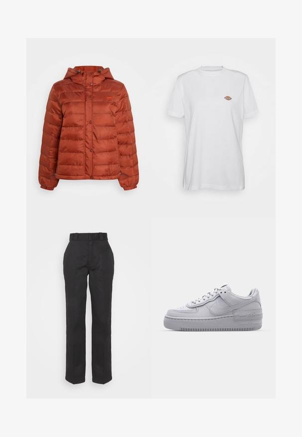 Chaqueta de abrigo color óxido con capucha, botones a presión en el frente y puños elásticos, diseñada para el clima frío.; Camiseta de algodón blanca con cuello redondo y mangas cortas, que presenta un pequeño logotipo colorido de "Diesel" bordado en el pecho.; Pantalones negros con una textura suave, diseño de pierna recta y cintura con cinturón. Presenta una silueta simple y clásica sin patrones adicionales.; Zapatilla Nike Air Force 1 gris con puntera perforada, parte superior de cuero suave, suela gruesa y detalle en relieve 'AIR' en el talón.