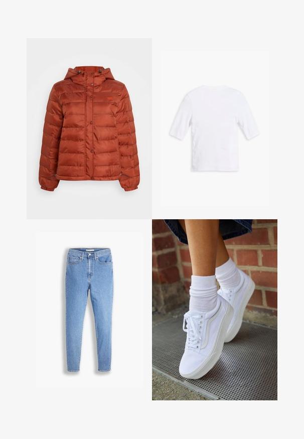 Puffjacke in rostfarben mit Kapuze, Druckknöpfen auf der Vorderseite und elastischen Bündchen, geeignet für kaltes Wetter.; Weißes Baumwoll-T-Shirt mit kurzen Ärmeln, rundem Ausschnitt und glatter Textur. Keine sichtbaren Muster oder Verzierungen.; Hellblaue, hoch-taillierte, schmale Jeans mit vorderen und hinteren Taschen, Knopfverschluss und Gürtelschlaufen auf weißem Hintergrund.; Weiße Leinensneaker mit Gummisohlen, ausgestattet mit sechs Ösen, runder Zehenpartie und dezenten Nähten, kombiniert mit weißen Knöchelsocken.