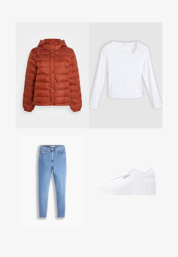Puffjacke in rostfarben mit Kapuze, Druckknöpfen auf der Vorderseite und elastischen Bündchen, geeignet für kaltes Wetter.; Weißes Langarm-T-Shirt aus Rippstoff mit quadratischem Ausschnitt und figurbetontem Schnitt, mit einem kleinen Logobändchen an der Seite.; Hellblaue, hoch-taillierte, schmale Jeans mit vorderen und hinteren Taschen, Knopfverschluss und Gürtelschlaufen auf weißem Hintergrund.; Weiße Leder-Plateausneaker mit einer strukturierten Gummi-Außensohle, perforiertem Obermaterial für Atmungsaktivität und einem goldenen Logo-Detail an der Seite.