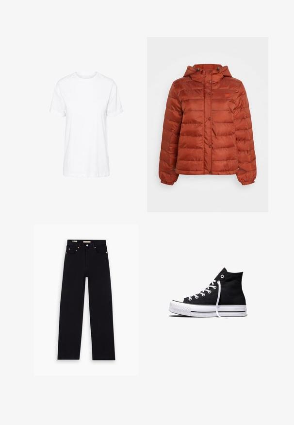 Veste en duvet couleur rouille avec capuche, boutons-pression sur le devant et poignets élastiques, conçue pour les temps froids.; T-shirt en coton blanc avec des manches courtes, un col rond et une coupe décontractée, offrant une texture lisse et sans motifs visibles.; Jean en denim noir avec une coupe droite, cinq poches, matériel en cuivre et texture lisse. Deux étiquettes visibles sur la taille.; Baskets montantes en toile noire avec semelle en caoutchouc blanche et lacets blancs, vues de côté sur un fond blanc.