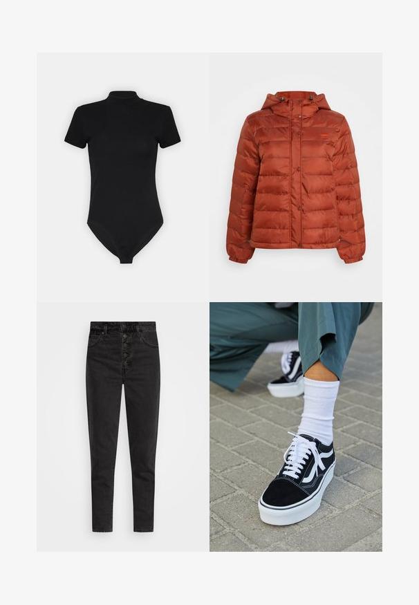 Rustrød pufferjakke med hætte, trykknapper foran og elastiske manchetter, designet til koldt vejr.; Sort bodysuit med høj hals, korte ærmer og tætsiddende design. Lavet af et glat, strækbart stof med en sømløs bund.; Højtaljede sorte denimjeans med knaplukning, fem lommer og slim fit. Glat tekstur med minimal falmet og uden udsmykninger.; Sorte ruskinds sneakers med hvide accenter og snørebånd, der har en tyk hvid sål og kontrasterende syninger, parret med en hvid sok.