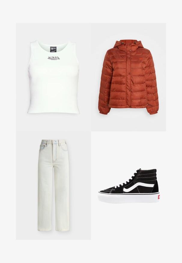 Pufrová bunda v rustovej farbe s kapucňou, patentkami po celej dĺžke a elastickými manžetami, navrhnutá na chladné počasie.; Biely rebrovaný crop top s okrúhlym výstrihom a čiernym logom "Von Dutch" na strede. Vyrobený z elastickej zmesi bavlny.; Džínsy s vysokým pásom a rovnými nohavicami v svetlomodrom prevedení s predným zapínaním na gombík, zipsom a piatimi vreckami.; Čierne vysoké tenisky s bielymi šnúrkami, bielym logom a kontrastným bielym prešívaním. Majú hrubú bielu podrážku a textúrovaný semišový zvršok.