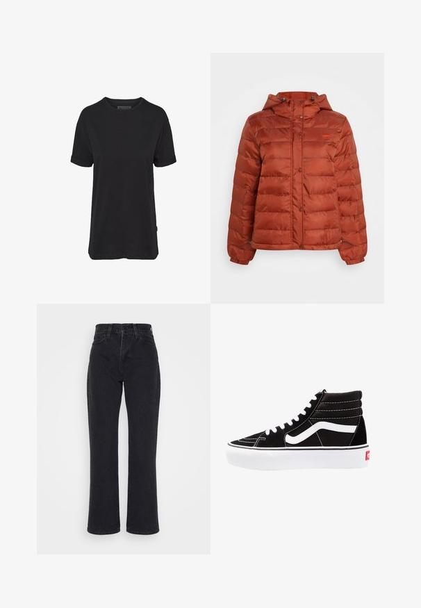 Veste en duvet couleur rouille avec capuche, boutons-pression sur le devant et poignets élastiques, conçue pour les temps froids.; T-shirt en coton noir à manches courtes, col rond et manches retroussées ; présente une étiquette de marque subtile sur l'ourlet latéral.; Jean noir taille haute, coupe droite, avec poches avant et passants de ceinture sur fond blanc.; Baskets montantes noires avec des lacets blancs, un logo blanc et des coutures blanches contrastées. Dotées d'une épaisse semelle blanche et d'un dessus en daim texturé.