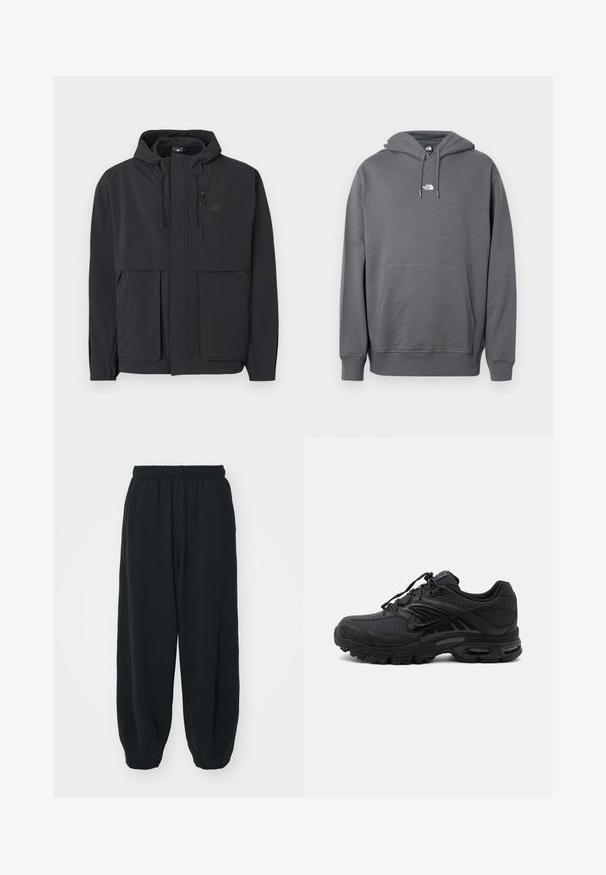Zwarte lichte jas met capuchon, ritssluiting aan de voorkant, borstzak met rits, twee grote klepzakken aan de voorkant en verstelbare capuchon met trekkoord.; Grijze hoodie gemaakt van zachte stof, met een kangoeroezak, capuchon met trekkoord, geribbelde boorden en een klein logo op de borst.; Zwarte, elastiche sweatpants met een losse pasvorm, manchetten aan de enkels, een zachte textuur en zonder zichtbare patronen of hardwareaccenten.; Zwarte atletische sneaker met textuurstof, dikke gevoerde zool, luchtopeningen en vetersluiting, vanaf de zijkant weergegeven tegen een lichte achtergrond.