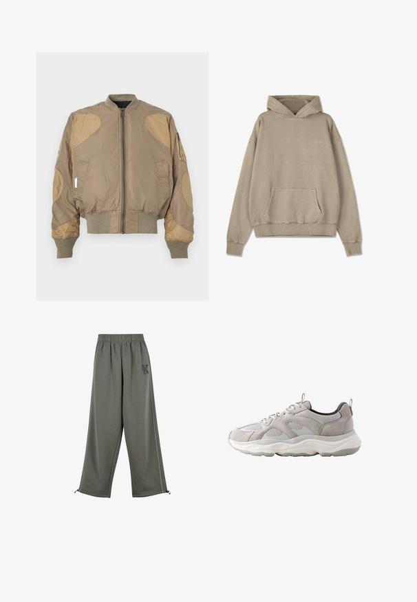 Bomberjack in kaki met contrasterende beige stukken, ritssluiting aan de voorkant, geribbelde manchetten en tailleband, voorzien van zijzakken en een schouderzak.; Tan hoodie met een buikzak, ribbelboorden en -zoom. Gemaakt van zacht materiaal, met een subtiele logo op de borst.; Karl Kani KK OS SIDESTRIPE - Broek - grey; Lichtgrijze en witte sportieve sneaker met mesh- en suède bovenwerk, dikke gevoerde zool, veters en trekhaakjes op de tong en hiel.