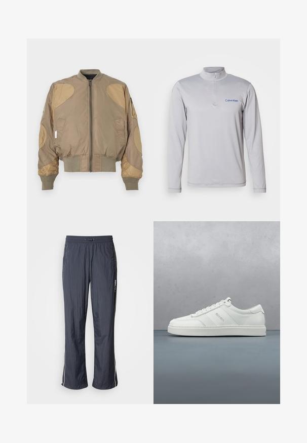 Chaqueta bomber en caqui con parches beige contrastantes, cierre frontal con cremallera, puños y cinturilla de canalé, con bolsillos laterales y un bolsillo en el hombro.; Sudadera de manga larga, de color gris claro, con cremallera y tejido texturizado. Presenta un logo azul de Calvin Klein en el pecho. Diseño simple y atlético.; Pantalones de chándal ligeros en azul marino con cintura elástica, bolsillos laterales y franjas blancas en los costados. Textura suave.; Zapatilla baja blanca con detalle de cordones, paneles de cuero texturizado y un sutil logotipo en el costado, sobre un fondo claro y liso.