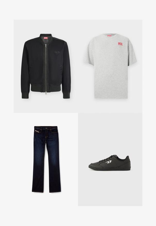 Veste bomber noire avec fermeture éclair à l'avant, col, poignets et taille côtelés, poches latérales et petit écusson logo sur la poitrine.; T-shirt en coton gris avec un col rond et des manches courtes. Présente un petit logo rouge « DIESEL » sur la poitrine. Texture lisse.; Jean en denim bleu foncé avec une coupe droite, présentant des coutures orange, une fermeture éclair et des poches avant. Texture lisse et taille standard.; Baskets synthétiques noires avec une semelle noire texturée, un bout rond et des lacets plats noirs. Logo blanc remarquablement placé sur le côté extérieur.
