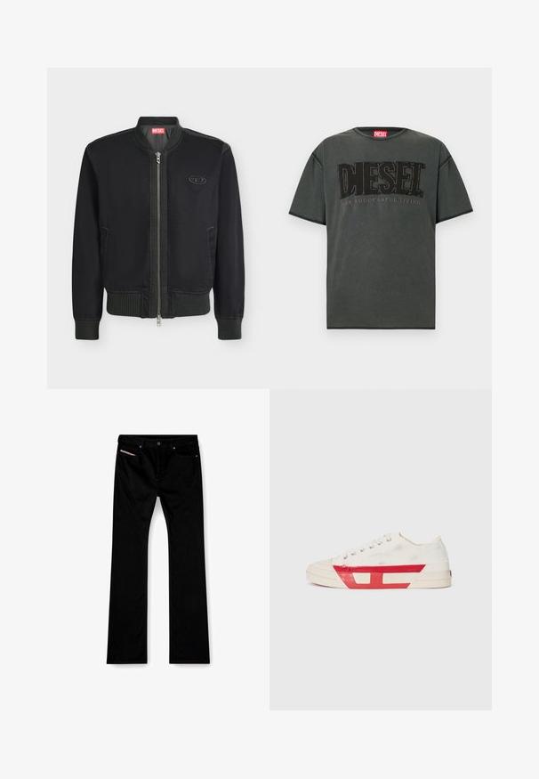Veste bomber noire avec fermeture éclair à l'avant, col, poignets et taille côtelés, poches latérales et petit écusson logo sur la poitrine.; T-shirt à manches courtes gris foncé en coton. Présente un grand logo DIESEL noir et le texte "FOR SUCCESSFUL LIVING" dans un design contrastant.; Jeans noirs à jambe droite avec bouton et fermeture éclair à l'avant, poches avant et arrière, et une étiquette blanche visible dans la poche avant droite.; Baskets en toile avec un dessus blanc, des accents en caoutchouc rouge et un design texturé. Elles présentent une tête arrondie et cinq œillets pour les lacets.