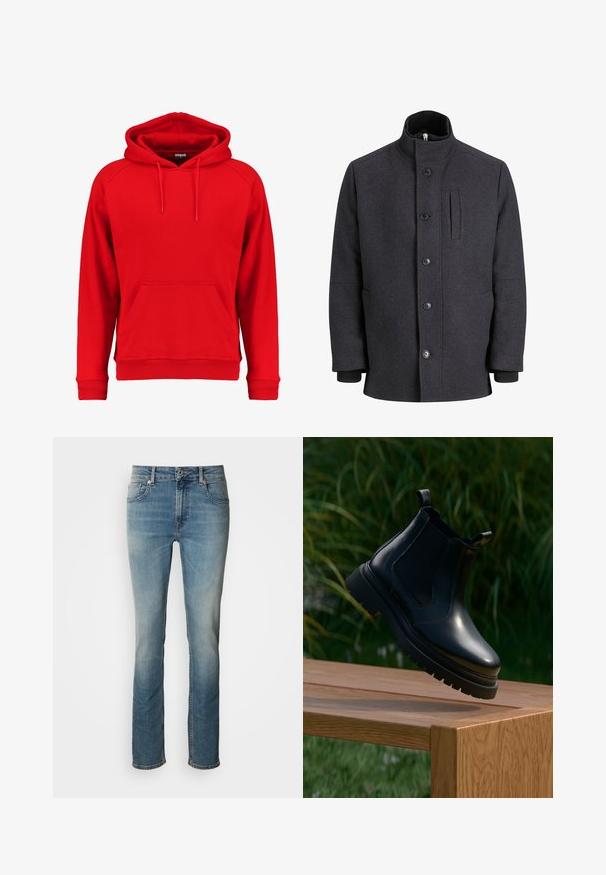 Jack & Jones PREMIUM JPRDUANE - Vinterfrakke - dark grey; Rød hættetrøje lavet af blødt stof, med en frontlomme, snoretræk i hætten og ribbet manchetter og kant. Enkel design uden synlige logoer.; Lyseblå denimjeans med straight leg-design, fem lommer, knap- og lynlåslukning samt diskret falming langs lårene.; Sorte læder chelsea-støvler med rund tå, tyk gummisål og elastiske sidepaneler, præsenteret på en træoverflade med grønne planter i baggrunden.