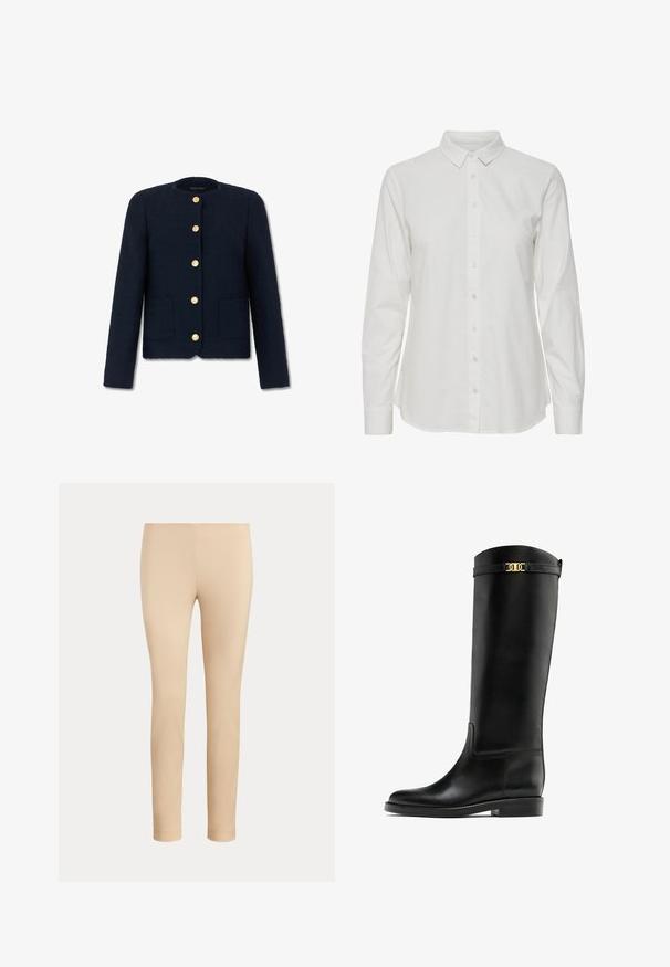 Navyblauw gestructureerd damesjack met lange mouwen, ronde hals, twee steekzakken aan de voorkant en vijf gouden knopen middenvoor.; Witte button-up shirt van katoen met lange mouwen, een puntige kraag en een rechte zoom. Voorzien van een knoopsluiting aan de voorkant met bijpassende knopen.; Beige slim-fit enkellange broek met een gladde afwerking en zonder zichtbare zakken of versieringen op een effen achtergrond.; Knielange zwarte leren laars met een gladde textuur, vlakke zool en een gouden accentriem aan de bovenkant. Klassiek en gestroomlijnd ontwerp.