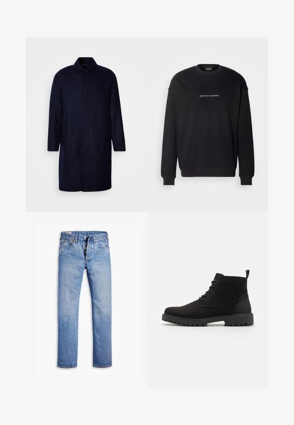 Isaac Dewhirst RAGLAN COAT - Klassinen takki - navy; Scotch & Soda CORE LOGO FRONT CHEST - Collegepaita - black; Vaalean siniset farkut suoran lahkeen leikkauksella, viiden napin suljenta, vyölenkit ja hienovarainen haalistuva väri. Farkuissa on kaksi etutaskua ja kuparin väriset niitit.; Musta, mokkanahkainen nilkkabootsit pyöreällä varvalla, nauhakiinnitys, kumipohja uralla ja kantapäässä vetotuki helpottamaan pukemista.