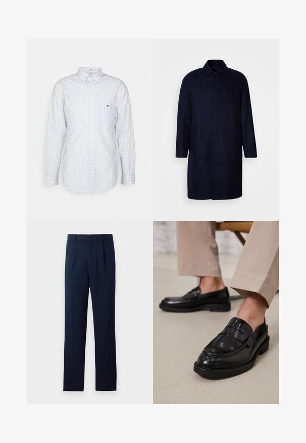 Isaac Dewhirst RAGLAN COAT - Manteau classique - navy; Chemise à carreaux vichy bleu clair à boutons avec manches longues, col et petit logo sur la poitrine. Fabriquée en coton, avec une texture lisse.; Pantalons bleu marine en tissu lisse, dotés d'une fermeture à un bouton, de plis et de jambes droites. Design minimaliste sans motifs notables.; Mocassins en cuir noir avec une finition lisse, ornés d'une sangle décorative et de coutures contrastées, associés à un pantalon beige.