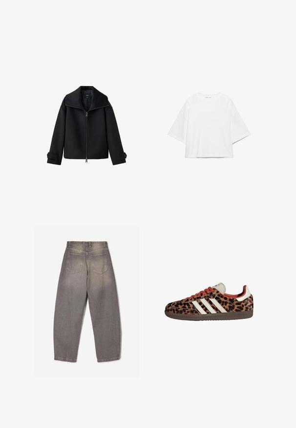Veste noire zippée avec col large et poignets à boutons, présentée sur fond blanc.; T-shirt blanc à manches courtes, coupe carrée, en coton doux. Présente un col rond et des manches larges, avec un design épuré et simple.; Jean en denim gris vu de dos avec deux poches arrière, passants de ceinture et une coupe légèrement fuselée.; Baskets en imprimé léopard avec un matériau en suède, lacets rouges et trois rayures blanches sur le côté. Présente une languette de couleur crème et une semelle marron.