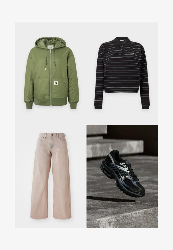 Chaqueta acolchada color verde oliva con capucha, cierre de cremallera, bolsillos frontales y puños acanalados. Presenta un destacado parche con el logo de Carhartt.; Polo de manga larga negro con finas rayas horizontales blancas y moradas, dos botones y un pequeño logo blanco en el pecho izquierdo.; Jeans amplios beige con una cintura alta, diseño de cinco bolsillos y cierre de botón. La tela tiene una textura suave y un ligero desvanecimiento en la parte frontal.; Zapatilla de running Nike negra y plateada flotando sobre escalones de hormigón, mostrando diseño detallado y suela texturizada en un entorno exterior.