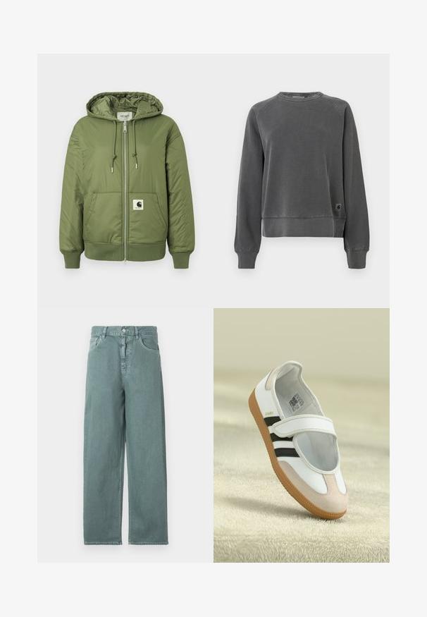 Oliven grøn pufferjakke med hætte, lynlås lukning, forlommer og ribbede manchetter. Har et fremtrædende Carhartt-logo patch.; Crewneck sweatshirt i mørkegrå stof med ribbede mansjetter og kant, samt et lille logo-patch på den nederste side. Blød tekstur.; Lys grønne brede jeans med knaplukning, fire lommer og subtile syninger, lavet af et glat bomuldsstof.; Hvid sko med en lyserød ruskindforfod, sorte striber og en velcrorem. Har en lys gummi sål og et logo på siden.
