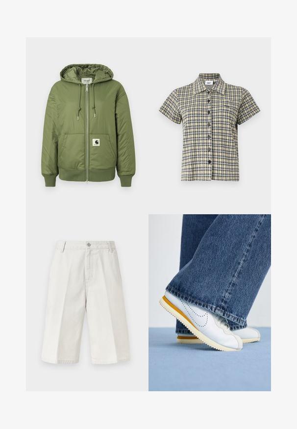 Oliven grøn pufferjakke med hætte, lynlås lukning, forlommer og ribbede manchetter. Har et fremtrædende Carhartt-logo patch.; Kortærmet skjorte med knapper, gult, sort og hvidt ternet mønster og krave, vist mod en ensfarvet baggrund.; Lyse beige knælange shorts med diskrete lodrette nålestriber, bæltestropper, forreste knap og lynlås.; Hvide lædersneakers med gule accenter, rund tå og tekstureret gummisål, parret med mørkeblå denim flared bukser.
