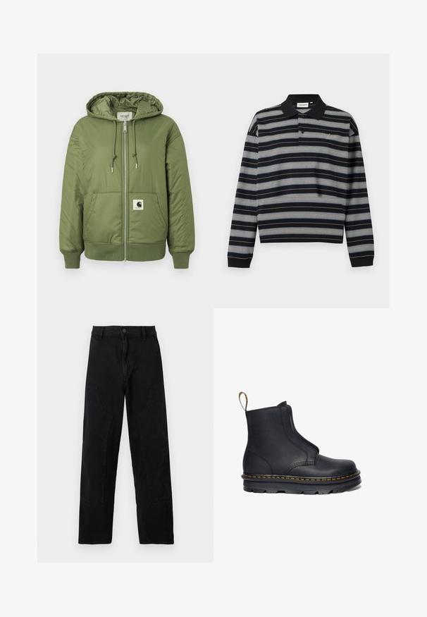 Olivgrüne Steppjacke mit Kapuze, Reißverschluss, Fronttaschen und gerippten Bündchen. Mit einem auffälligen Carhartt-Logo-Patch.; Langärmliges schwarzes Polohemd mit horizontalen weißen und grauen Streifen, Zwei-Knopf-Leiste und besticktem Logo auf der Brust.; Schwarze Hose mit geradem Bein, vorderen aufgesetzten Taschen, Gürtelschlaufen und Knopfverschluss vor hellem, einfarbigem Hintergrund.; Schwarze Leder-Stiefelette mit elastischen seitlichen Einsätzen, runder Zehenform, kontrastierenden gelben Nähten und einer robusten Gummisohle.