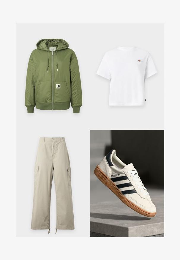Oliven grøn pufferjakke med hætte, lynlås lukning, forlommer og ribbede manchetter. Har et fremtrædende Carhartt-logo patch.; Hvid bomulds t-shirt med en afslappet pasform, der har et lille logo-patch på brystet og et mærke på siden for ekstra detaljer.; Lys beige cargo bukser med en afslappet pasform, der har knaplukning, sidelommer og justerbar kant med snore. Glat stoftekstur.; Hvide ruskinds sneakers med marineblå striber, gummisål, struktureret overdel, rund tå og snøring; har branding på siden og tungen.