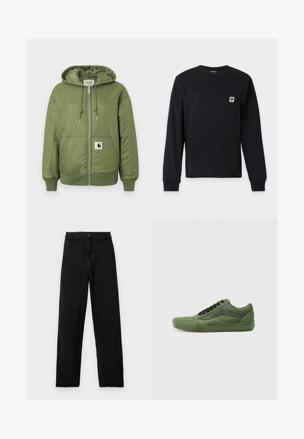 Chaqueta acolchada color verde oliva con capucha, cierre de cremallera, bolsillos frontales y puños acanalados. Presenta un destacado parche con el logo de Carhartt.; Camisa negra de manga larga con cuello redondo y bolsillo en el pecho que presenta un pequeño parche de logotipo cuadrado blanco.; Pantalones negros de corte recto con bolsillos parche frontales, trabillas para cinturón y cierre de botón sobre un fondo claro liso.; Zapatillas de lona verdes con cordones negros y una franja lateral. Presentan una punta redondeada, suela de goma y costuras blancas en contraste. Diseño clásico de zapatilla.
