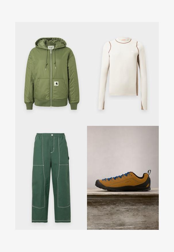 Oliven grøn pufferjakke med hætte, lynlås lukning, forlommer og ribbede manchetter. Har et fremtrædende Carhartt-logo patch.; Langærmet lys beige top med en tætsiddende design, ribbet tekstur, kontrasterende brune sømme og et lille hvidt trekantet logo på brystet.; Grønne bukser med brede ben, elastisk linning, knap foran, store synlige hvide syninger og sidelommer til værktøj mod hvid baggrund.; Brun ruskind udendørs sko med blå snørebånd, sort gummisål og et strømlinet design. Har en bageste pull-tab for nem påtagning.