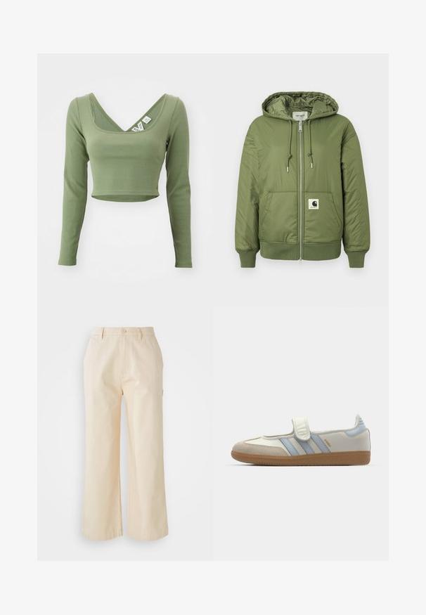 Oliven grøn pufferjakke med hætte, lynlås lukning, forlommer og ribbede manchetter. Har et fremtrædende Carhartt-logo patch.; Khaki grøn, langærmet cropped top med ribbet tekstur og bred udskæring. Mærker synlige ved kraven.; Lys beige, vide bukser lavet af bomuld med en glat tekstur, der har en frontknaplukning og sidelommer.; adidas Originals SAMBA JANE BALLERINA - Ballerinasko m/ rem - cloud white/halo blue