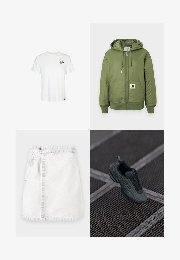 Olivgrüne Steppjacke mit Kapuze, Reißverschluss, Fronttaschen und gerippten Bündchen. Mit einem auffälligen Carhartt-Logo-Patch.; Weißes Baumwoll-T-Shirt mit kurzen Ärmeln, rundem Ausschnitt und einem kleinen braunen Grafiklogo auf der linken Brustseite. Weiches Material und normale Passform.; Denimrock in Hellgrau. A-Linie Design mit vorderen Taschen, einer sichtbaren Naht in der Mitte und einem einzelnen Metallknopf am Bund.; Dunkelgrüne und schwarze Nike Air Sneaker, die über einem Metallgittersboden schweben und dabei ihre Seiten- und Oberflächendetails präsentieren.