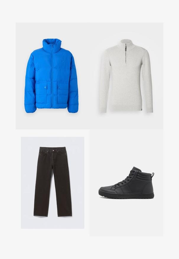 Blå pufferjakke med høj krave, frontlynlåslukning og to knap-lommer. Har en quiltet tekstur og elastiske manchetter.; Lys grå zip-up sweater lavet af blødt stof, med en stiv krave og lange ærmer med ribbede manchetter og kant.; Svarte denimjeans med straight-leg design, fem lommer og kobberfarvet syning. Glat tekstur, klassisk knaplukning i taljen.; Sorte højtop sneakers lavet af syntetisk materiale, med en tekstureret overflade, polstret krave, rund tå og forstærket sål med godt greb.